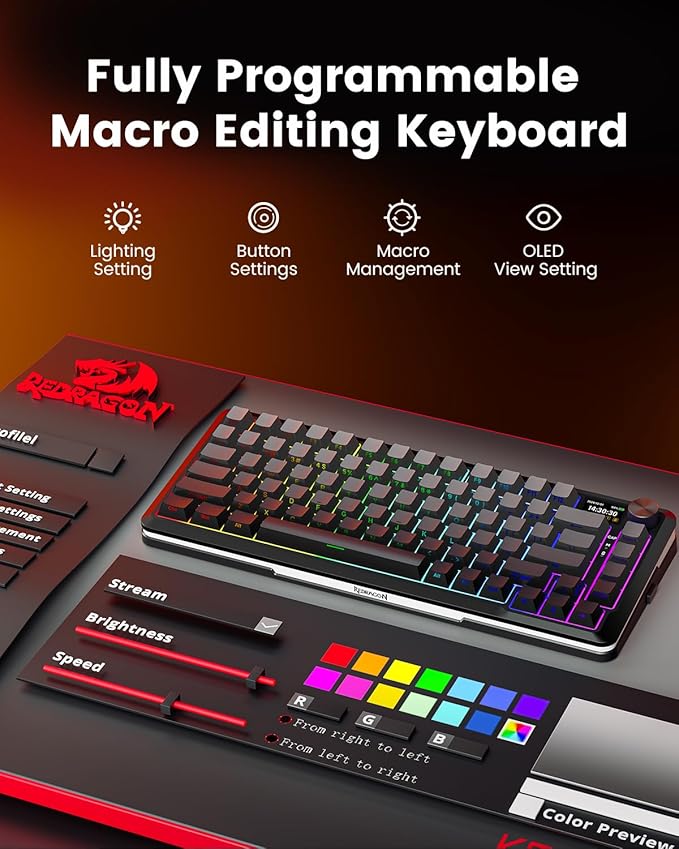 Redragon Wireless Mechanical Keyboard, Gasket RGB Gaming Keyboard with Screen & Knob, 3-Modes (Bluetooth/2.4G/Wired) 81 Custom Keys, Thick Pre-Lubed Linear Switch, Side Printed PBT Keycaps, K708GG-Pro