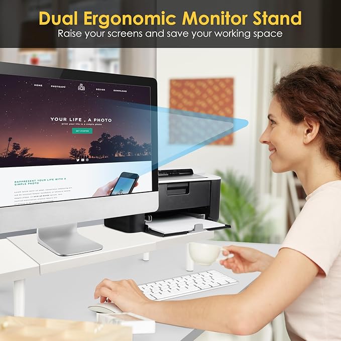 Dual-Monitor-Stand-Riser-For-Desk Adjustable Length 32-40 Inch，Large Desktop Computer Monitor Riser For 2 Screens，Desk Shelf Organizer Riser Stand For Computer/Laptop/PC/Printer/TV White