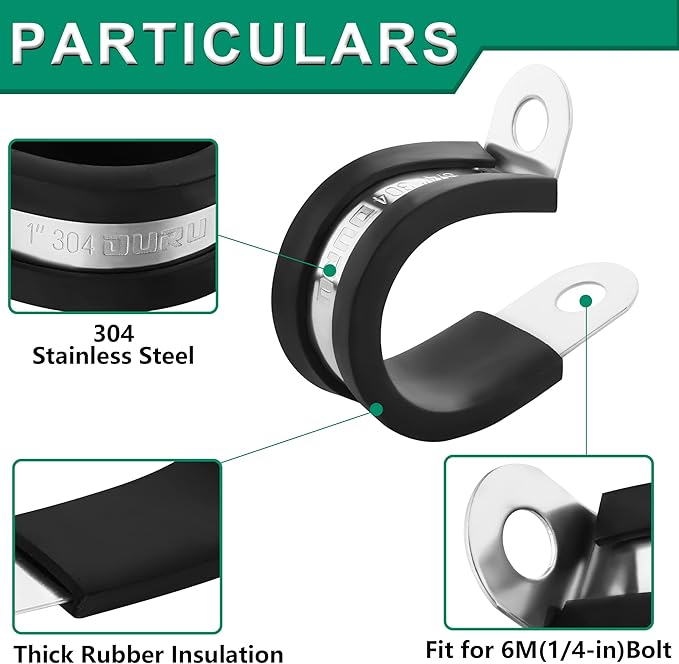 15pcs 1-1/4 Inch Stainless Steel Cable Clamps,Rubber Coated Cushioned Insulated Cable Clamp,Automotive Cable Wire Clamps,Pipe Clamps,Metal Clamp for Tube,Lines,Wire Cord Installation(Black,32mm)