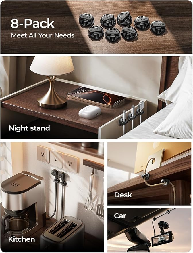 8-Pack Magnetic Cable Clips [1S Snap-On] Cord Holder, LISEN Office Desk Organizers and Accessories with 4 Extra Strong Adhesive Pads, Wire Organizer for Nightstand, Home, Wall, Car, Desktop