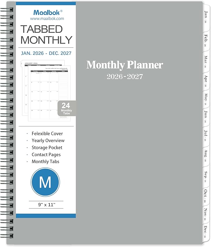 2026-2027 Monthly Planner/Calendar - 2 Year Planner 2026-2027, Monthly Tabs, 9’’ × 11’’, Jan 2026 - Dec 2027, Hard Cover, Inner Pocket - Grey