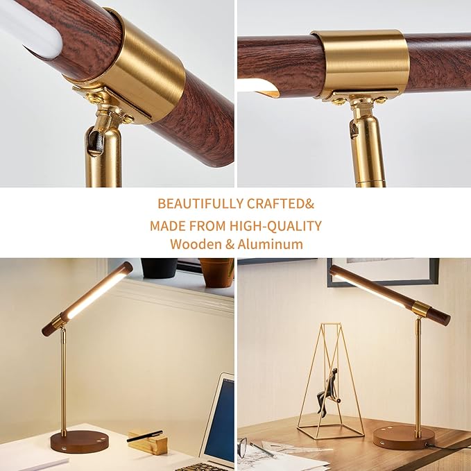 LED Wood Grain Desk Lamp with Wireless Charger, Desk Lamps for Home Office with USB Charging Port, Touch Control Desk Light Adjustable, Eye-Caring Office Lamp with Night Light
