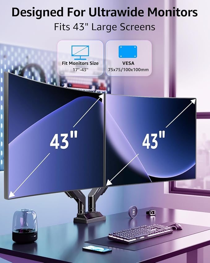 MOUNTUP Dual Monitor Stand for Max 43 inch Screens, Ultrawide Monitor Arm Height Adjustable, Heavy Duty Dual Monitor Mount, Full Motion Premium Gas Spring Arm, Holds 2.2 to 33 lbs, VESA Desk Mount