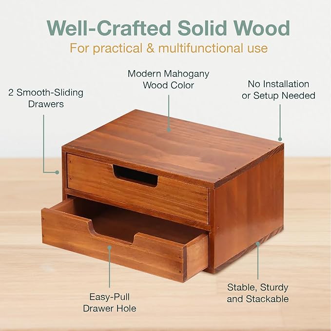 Double Drawer Desktop Storage Organizer in a Modern Wood Design (9.8”x6.9”x 5.1”) 2-Drawer Stackable Drawer Unit - Wood Monitor Riser (1-Pack)