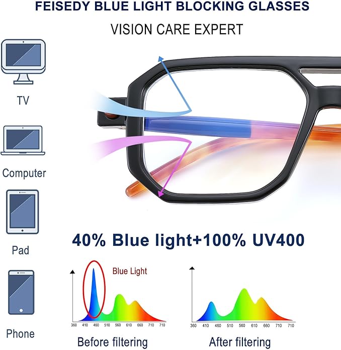 FEISEDY Vintage Square Blue Light Blocking Glasses Women Men 70s Flat Aviator Glasses Computer Anti Glare B0062