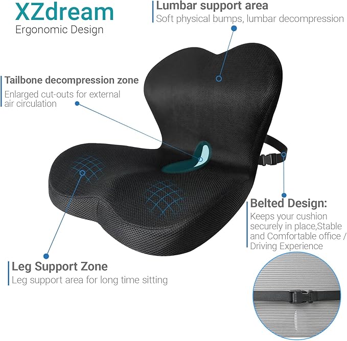 Memory Foam Seat Cushion,Office Chair Cushion with Lumbar Support for Back Pressure Relief, Car Seat Cushion with Adjustable Strap,Sciatica Pad Cushions for Car,Truck, Desk (C-Black+Mesh Cloth)