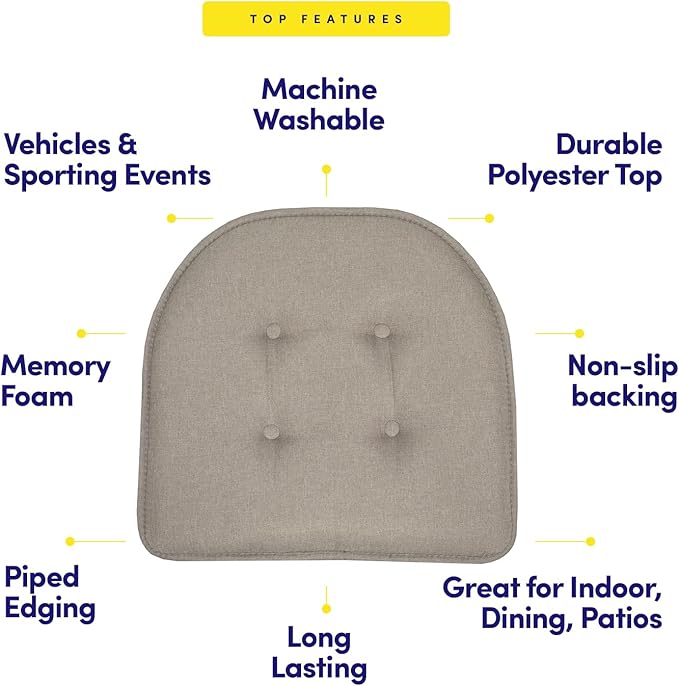 Sweet Home Collection Chair Cushion Memory Foam Pads Tufted Slip Non Skid Rubber Back U-Shaped 17" x 16" Seat Cover, 12 Count (Pack of 1), Khaki 18