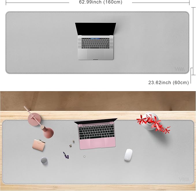 Desk Mat on top of Desks, Vyaaa 63" x 23.6" PU Leather Desk Mat, Large Desk Blotter Pad for Office, Home, Gaming, Computer, Laptop, Keyboard and Mouse - Light Gray