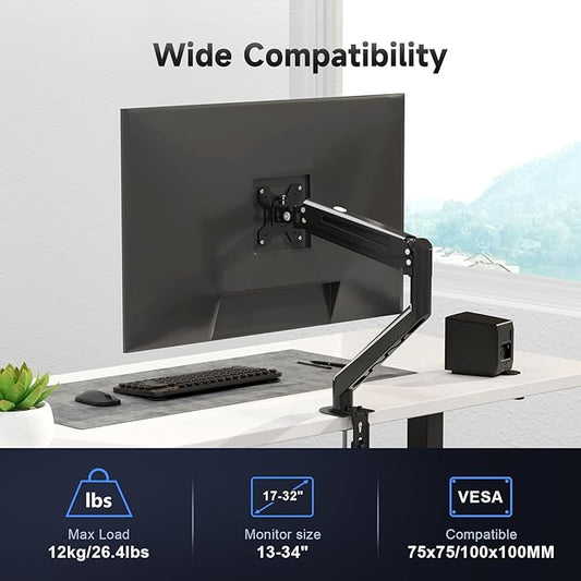 Suptek Single Monitor Arm 13 to 34 Inch,Adjustable Gas Spring Monitor Desk Mount Stand Holds up to 4.4-26.4lbs,VESA Mounting Holes 75/100mm,Black(MDXB)