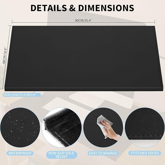 AKOZLIN 35.4"x 18.9" Soft PU Leather Surface Office Desk Mouse Mat Anti-Push Pad with Full Grip Fixation Lip Table Blotter Edge-Locked Protector