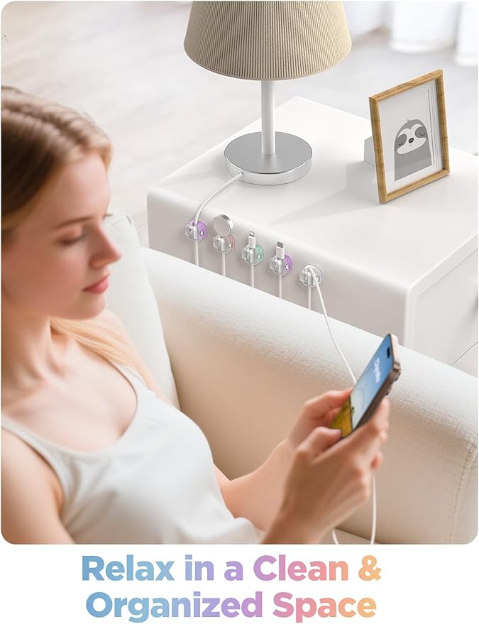 Cable Clips, Cord Organizer 8Pack Multicolor [Dual Spring & Clasp Lock] Under Desk Cable Management, Adhesive Cable Clips Wire Organizer Charger Cord Holder for Nightstand Office Car Desk Organization