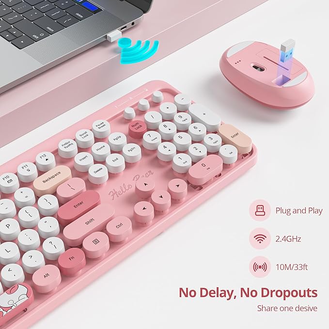 GTSP Pink Typewriter Keyboard Wireless Mouse Combo, Cute Keyboard 2.4G Office Full-Sized Retro with Round Keycaps for Laptop PC Desktops（Pink）
