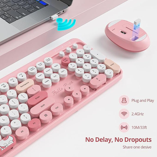 GTSP Pink Typewriter Keyboard Wireless Mouse Combo, Cute Keyboard 2.4G Office Full-Sized Retro with Round Keycaps for Laptop PC Desktops（Pink）