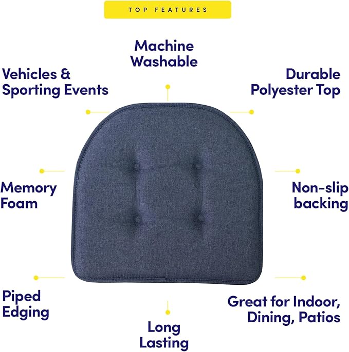 Sweet Home Collection Chair Cushion Memory Foam Pads Tufted Slip Non Skid Rubber Back U-Shaped 17" x 16" Seat Cover, 12 Count (Pack of 1), Denim Blue