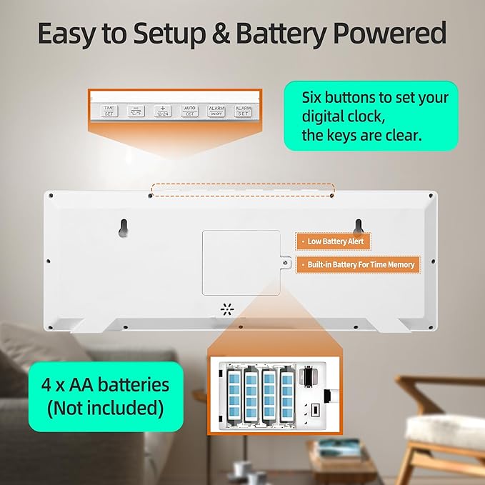 Digital Wall Clock Battery Operated, 15" Digital Clock Large Display with Date and Day of Week, Large Number with Temperature, Auto DST, Alarm, Snooze, 12/24-hour for Desk Office