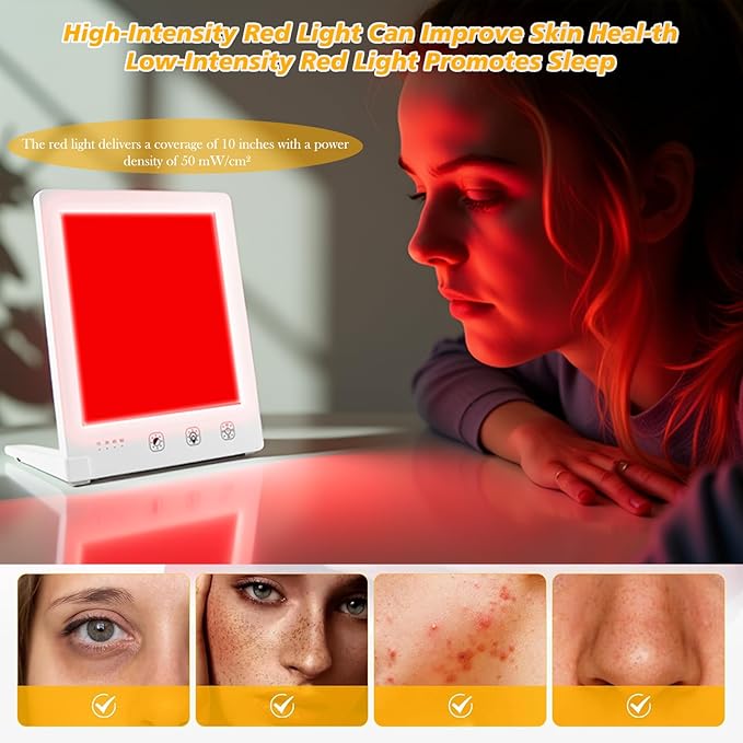 Light Therapy Lamp with Red & White Light - 10000 Lux LED Sun Light Therapy Lamp for Face, Improving Mood, Energy, Sleep & Skin Care, with 4 Light Modes & 5 Brightness Levels, Timer, UV-Free