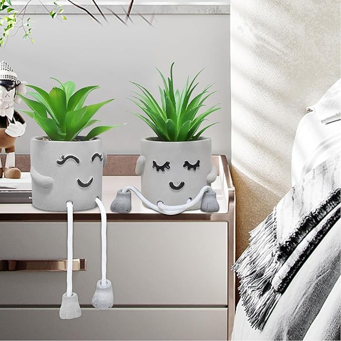 Zerzsy Faux Succulents in Cement Pots with Hanging Leg, Potted Mini Fake Plants for Desk Decor, Kitchen Shelf Decor, Office Decoration for Women, Bathroom Shelf Plants Decoration- Set of 2