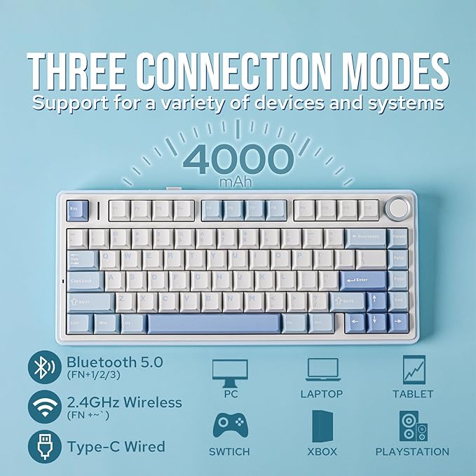 EPOMAKER x Aula F75 Gasket Mechanical Keyboard, 75% Wireless Hot Swappable Gaming Keyboard with Five-Layer Padding&Knob, Bluetooth/2.4GHz/USB-C, RGB (Sea Salt Blue, LEOBOG Reaper Switch)