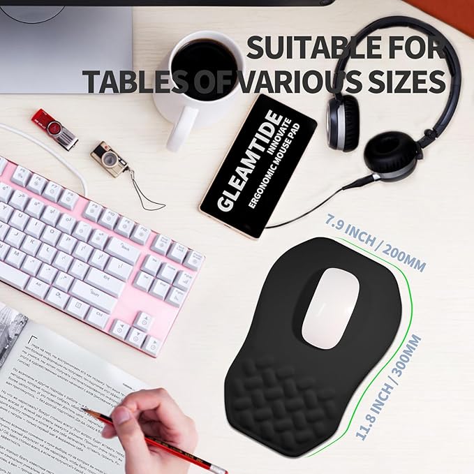 Ergonomic Raised Mouse Pad Wrist Support with Bilateral Slope Memory Foam Mousepad for Wrist Rest and Carpal Tunnel Pain Relief 11.8x7.9〃 Black