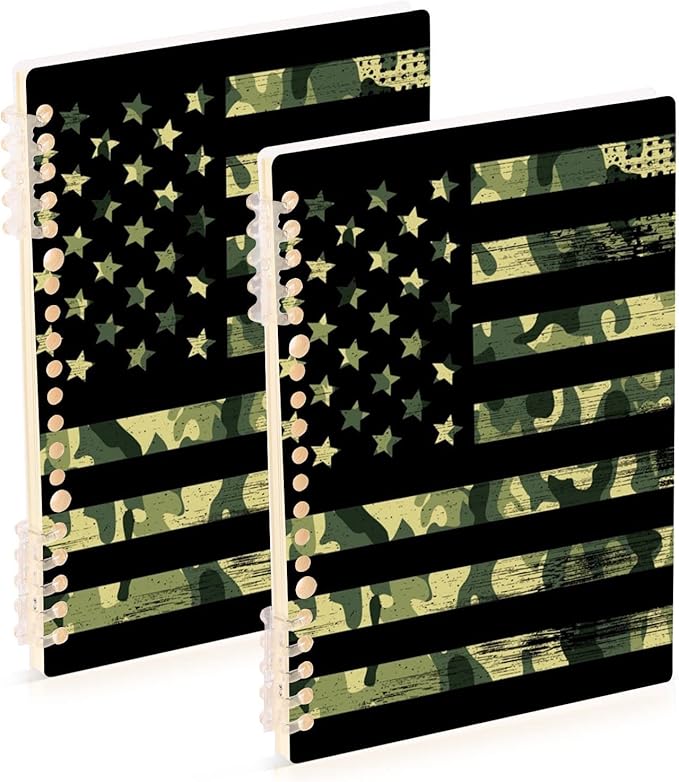 senya Spiral Notebook Ruled 2 Pcs, American Flag with Camouflage Grunge Journals for Study and Notes 60 Pages with Durable Hardcover