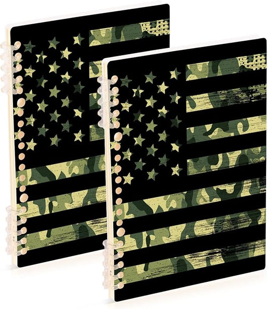 senya Spiral Notebook Ruled 2 Pcs, American Flag with Camouflage Grunge Journals for Study and Notes 60 Pages with Durable Hardcover