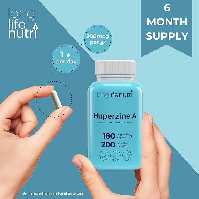 Huperzine A 200mcg - from Huperzia Serrata Leaf, 180 Vegetarian Capsules, Natural Brain Nootropic for Focus, Memory, and Clarity, 6 Month Supply, GMP Certified, Made in USA