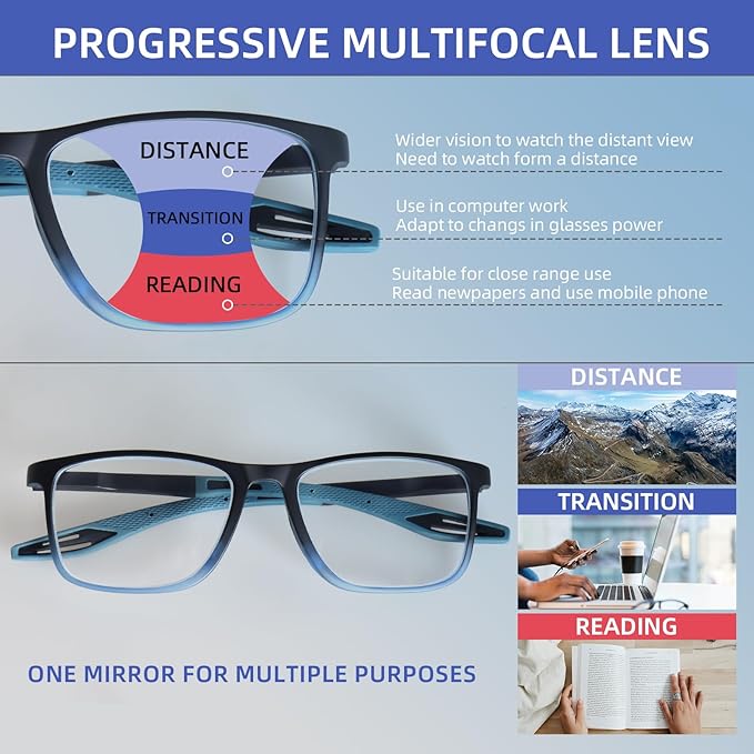 4 Pack Progressive Multifocus Reading Glasses for Men Women TR90 Sports Style Anti-Blue Light Computer Readers