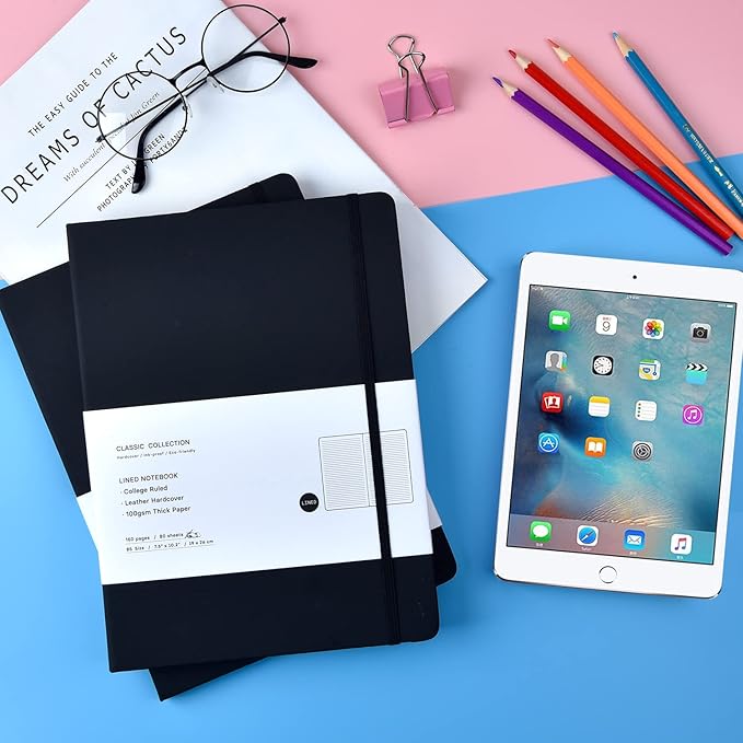 2 Pack B5 Journal Notebooks Classic College Ruled Notebooks Hardcover Lined Journals for Office Home School Business Writing Note Taking, 10.2 x 7.5 inch, 100GSM Thick Paper, 160 Pages (Black)