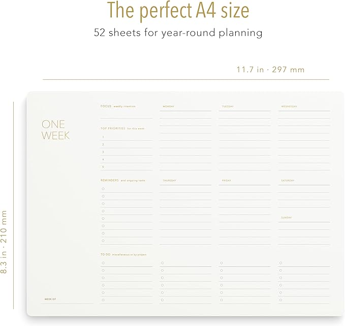 One Week - Elegant Undated Weekly Desk Planner, Gold Foiled, A4, Minimalist Weekly To Do List Notepad, Daily Schedule, Work Week Planner Pad, Eco-friendly, FSC™ Certified