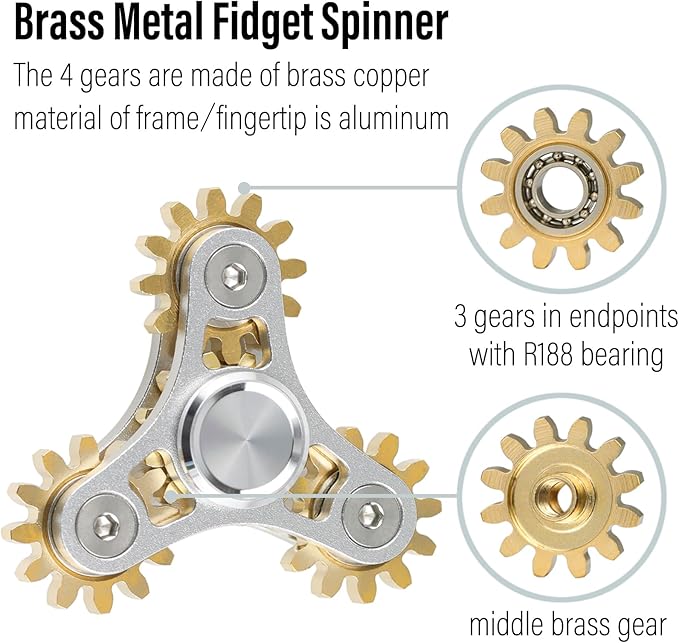 FREELOVE Gear Metal Fidget Spinner Toys for Adults, Small Mini Tiny Pockget Figette, Bike Chain, Copper Brass Hands Gyro, Quiet Silent Cool Cube for Anxiety Men (4 Gears Linkage, Silver-Brass)