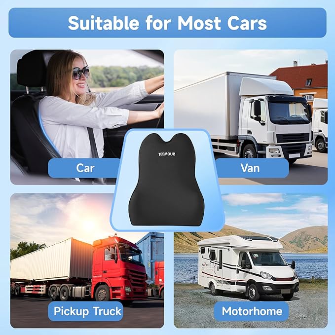 Lumbar Support Pillow for Car Improve Lower Back Pain Relief & Sitting Posture Back Support Memory Foam Back Cushion for Driving, Lumbar Comfort for Long Sitting, Truck with Three Adjustable Straps