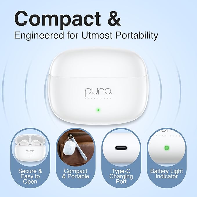 Puro Sound Labs PuroQuiet-Air Active Noise Cancelling Bluetooth Earbuds, Volume-Limited Wireless Earphones for Safe Listening, Soft Touch, Type-C Charging with Built-In Microphone & Secure Fit – White