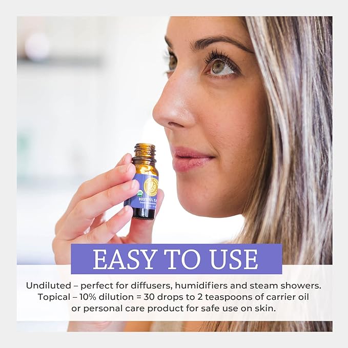 Silk Road Organic Restful Ease Essential Oil Sleep & Stress Blend - 100% Pure USDA Certified with Indian Sandalwood - Stress Ease Aromatherapy & Calming Relaxation - 10 ml Dropper