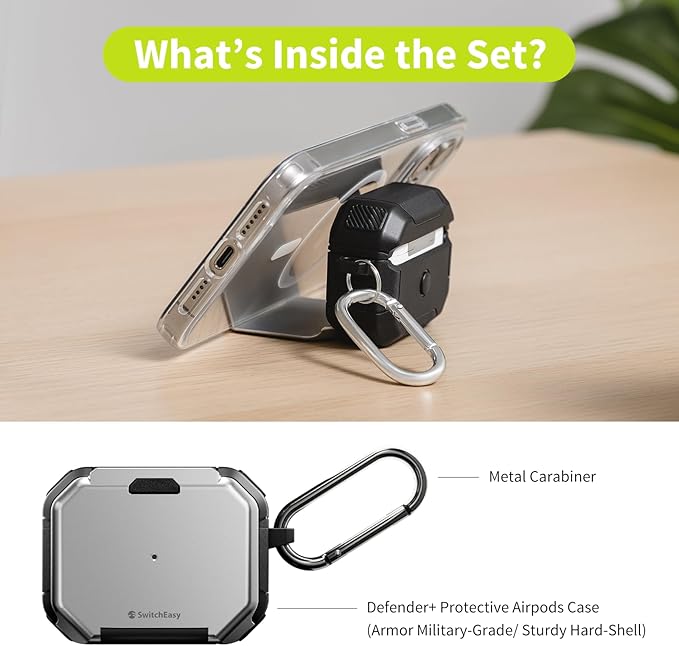 SwitchEasy Defender+ AirPods Pro Locking Case 2nd Generation & 1st Generation - Wireless Charging Case with Phone Stand, Shockproof Protection for Apple AirPods, AirPod Pro Case with Lock - Space Gray