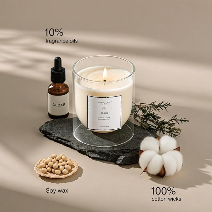 Scented Candle by LUNAAURA | Cedar Aromatherapy Candle for Meditation & Yoga | Long-Lasting 65 Hour Burn Time | Natural Soy Blend Wax & 100% Cotton Wick (10.6 oz)