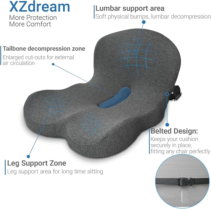 Memory Foam Seat Cushion,Office Chair Cushion with Lumbar Support for Back Pressure Relief, Car Seat Cushion with Adjustable Strap,Sciatica Pad Cushions for Car,Truck, Desk,Gaming Chair