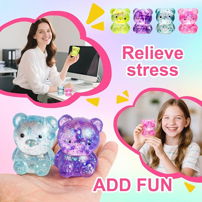 8 Pack Bear Squishy Toys, Glitter Colorful Sensory Stress Balls for Anxiety Relief, Squishy Balls Fidget Toys for Kids Adult, Squeeze Balls Bulk, Party Favors Goodie Bags Stuffer for Boys Girls