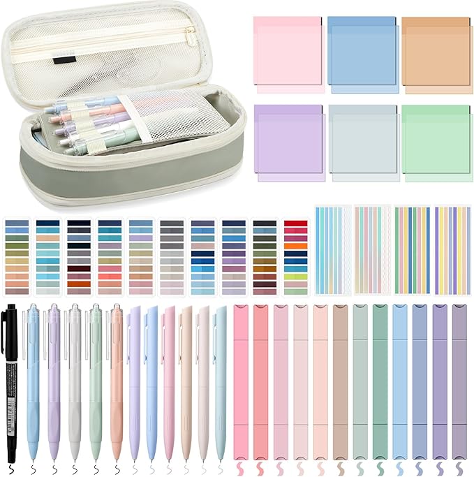 135 Pcs Book Annotation Kit Aesthetic Pencil Case Bag with 12 Highlighter 11 Gel Pen 1 Marker 300 Sheets Transparent Sticky Notes Pads 2640 Index Tabs Bible Study Supplies for School Gift(Light Green)