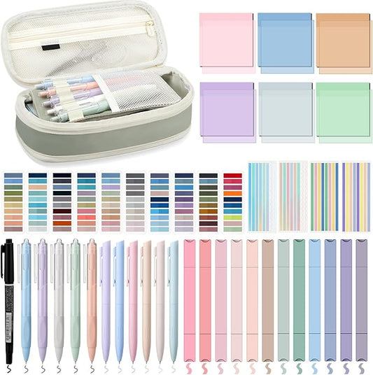 135 Pcs Book Annotation Kit Aesthetic Pencil Case Bag with 12 Highlighter 11 Gel Pen 1 Marker 300 Sheets Transparent Sticky Notes Pads 2640 Index Tabs Bible Study Supplies for School Gift(Light Green)