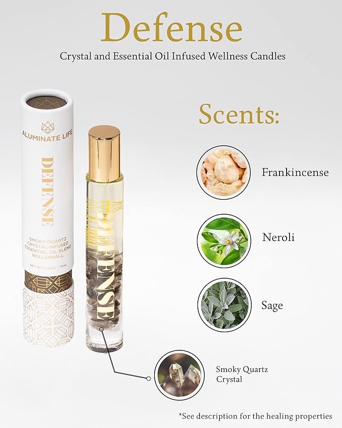 Essential Oil Rollerballs, .34 OZ, Defense - Smoky Quartz Crystal Infused - Scents of Frankincense, Neroli, & Sage - Aromatherapy Roll On Oils, Skin Care, Massage