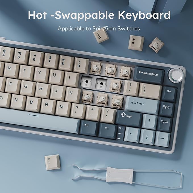 RK ROYAL KLUDGE R65 Wireless Mechanical Keyboard with Volume Knob, Tri-Mode 2.4G/USB-C/BT Gasket Mounted 60% Gaming Keyboard with 66Keys, PBT Keycaps, QMK/VIA, Hot Swappable Cream Switch, Blue