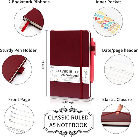 feela 3 Pack Notebooks Journals Bulk with 3 Black Pens, A5 Hardcover Notebook Classic Ruled Lined Journal Set with Pen Holder for Work Business Journaling Note Taking, 120 GSM, 5.1”x8.3”, Wine
