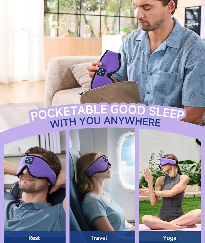 Voerou Sleep Headphones Bluetooth 5.4 Eye Mask, Sleep Mask with Bluetooth Headphones Wireless for Side Sleepers, Bulit-in Ultra-Thin Stereo Speakers Suitable for Sleep, Cool Gadgets for Men Women