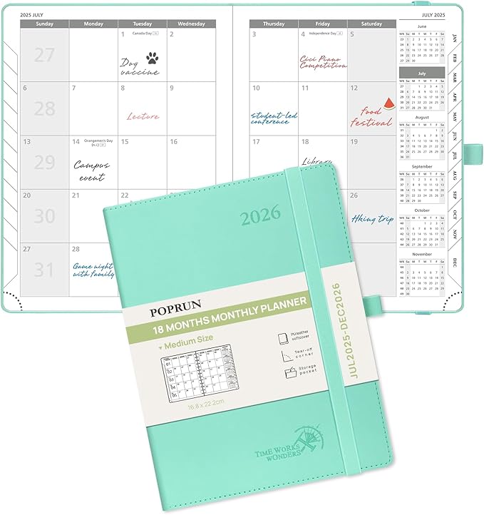 POPRUN Monthly Planner 2025-2026 (Medium- 6.5'' x 8.5'' Soft Cover), 18-Month Calendar Book (Jul.2025-Dec.2026), Calendar Planner with Monthly Tabs & Pocket, 100 GSM Paper - Green