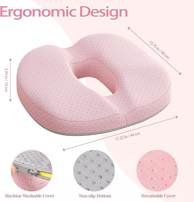 Benazcap Donut Pillow Seat Cushion - Ergonomic Memory Foam for Tailbone & Sciatica Pain Relief, Ideal for Hemorrhoids, Pregnancy, and Postpartum Comfort - Pink