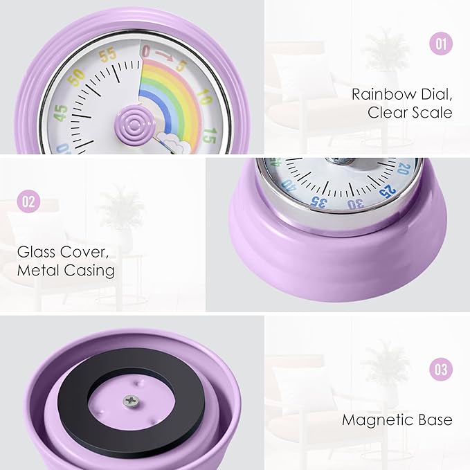 Visual Timer for Kids Rainbow Kitchen Timer with Magnetic Base Mechanical Timer 60-Minute Countdown Timer Ringer Alert Time Management Tool for Children and Adults Study Work Cooking, Purple