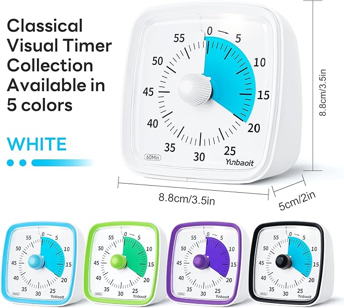 Yunbaoit Visual Timer with Night Light, 60-Minute Countdown Timer for Kids and Adults, Silent Classroom Timer, Time Management Tool for Home, School, or Work (Light White)