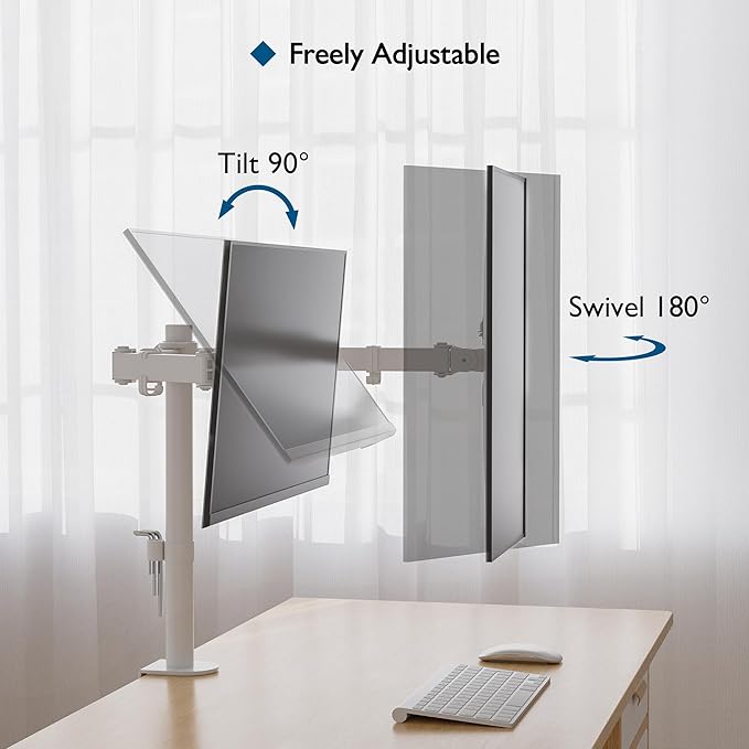 BONTEC Dual Monitor Desk Mount, Full Motion Adjustable White Monitor Stand for 13–27 Inch Screens, Heavy Duty Arms Hold 22 lbs Each, VESA 75x75/100x100, C Clamp and Grommet Base, Cable Management