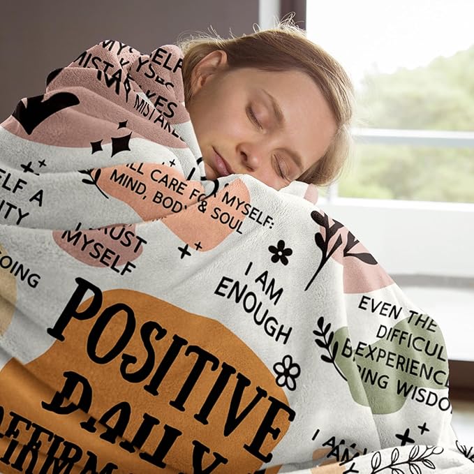 Positive Affirmation Stress Relief Gifts, Soft Blanket with Daily Affirmations Messages, Self Care Motivational Inspirational Encouragement Gifts for Women (50"x 60")