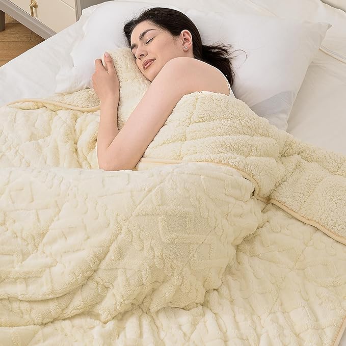 Topblan Weighted Blanket Twin Size 12 lbs, Soft Weighted Blanket with Doubled-Sized Shaggy Sherpa, Jacquard Knitted Stylish Warm Weighted Blankets Throw for Better Sleep, Beige, 48 x 72 inches